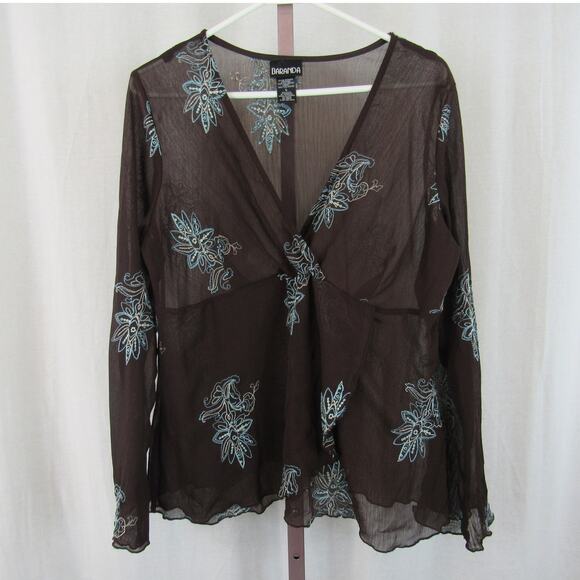 Baranda Large Chocolate Brown Semi Sheer Crossover Blouse Blue Floral Embroidery - Picture 1 of 8